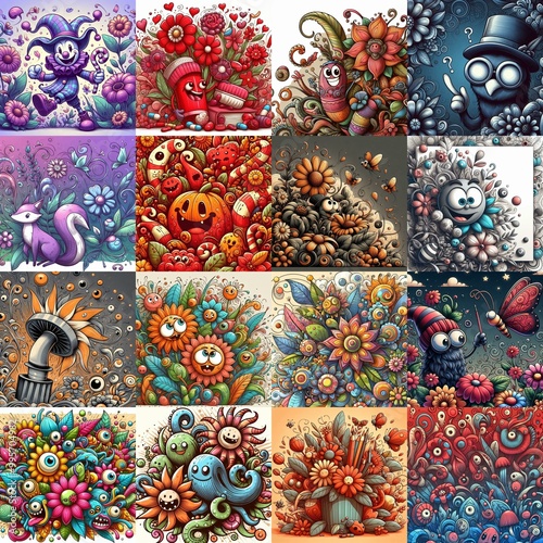 Obraz na płótnie Cartoon style art flowers drawing. AI generated illustration w salonie