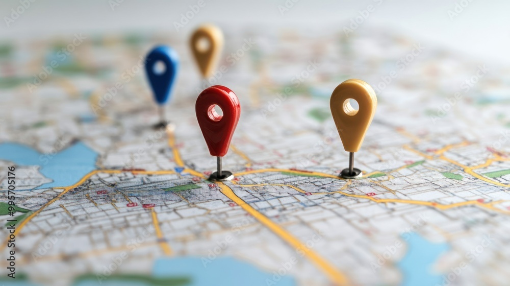 A close-up image of a map with multiple location pins stuck in it, representing destinations or points of interest. A close-up image of a map with multiple location pins stuck in it, representing destinations or points of interest.