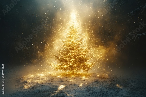 Mysterious Christmas tree glowing from within as golden light rays and particles radiate outward into a snowy landscape creating a magical festive scene of winter wonder