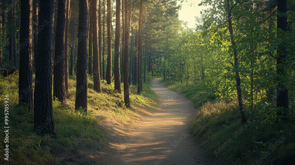 Fototapeta premium Nature trail and hiking path in forest. Forest scene with hiking path, straight trail through forest