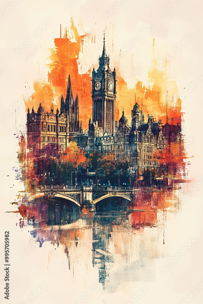 Fototapeta premium Glasgow, United Kingdom, color pen pencil hand-drawn effect drawing illustration for travel poster, card, wallpaper, backdrop or banner. Modern, clear, artistic and simple