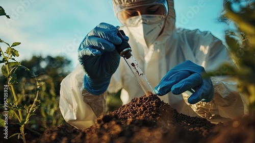virologist collects soil in a test tube. Selective focus