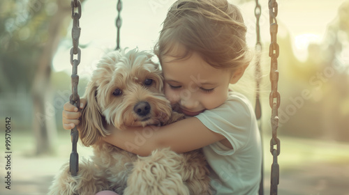 Child Embracing Pet Dog on Playground Swing. Highlighting The Bond Between The Child And Pet.  