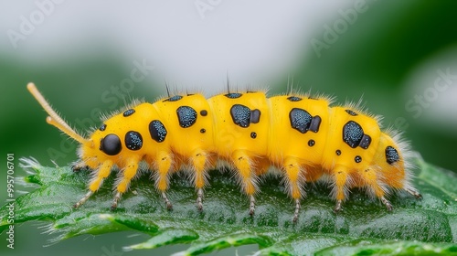 Bright Yellow Caterpillar With Black Spots on Green Leaf in Natural Habitat