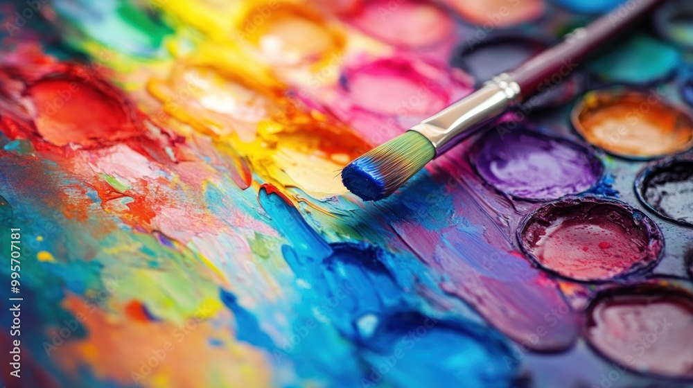 Obraz premium Close-up of a watercolor palette with a brush resting on it, showcasing vibrant colors.