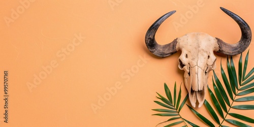 Animal Skull with Tropical Leaves on Orange Background