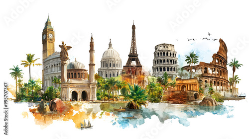 Travel inscription, collage of famous places of the world element for advertisement, postcard, poster, and more.