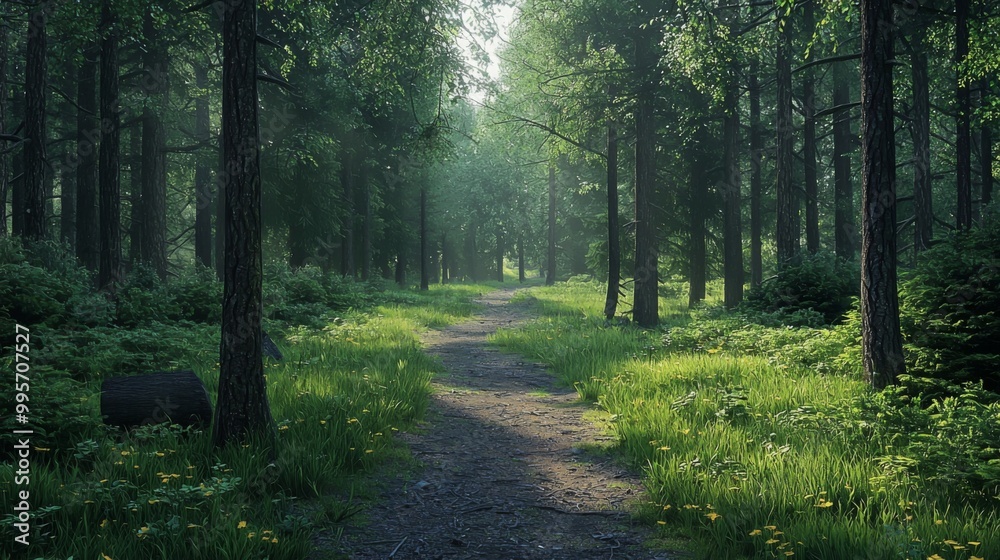 Nature trail and hiking path in forest. Forest scene with hiking path, straight trail through forest