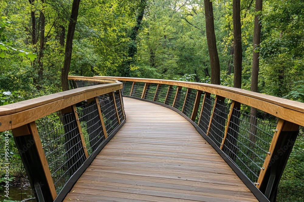 Obraz premium A Wooden Pathway Meanders Through Lush Greenery in a Serene Forest Setting