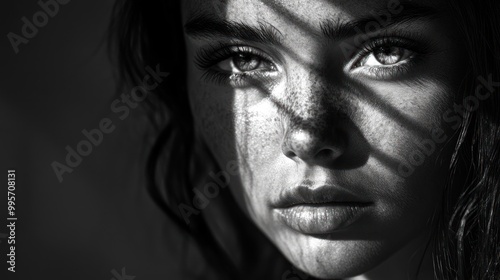 A close-up portrait of a young woman with freckles, captured in black and white. The light and shadow create a dramatic effect on her face, highlighting her beauty and intensity.