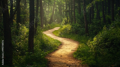 Nature trail and hiking path in forest. Forest scene with hiking path, straight trail through forest