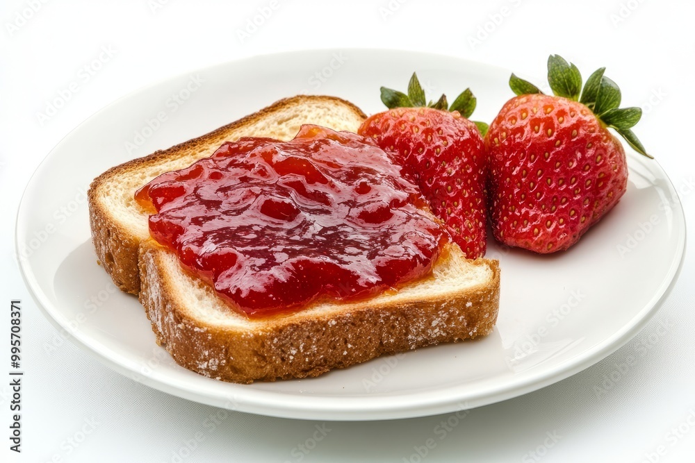 strawberry jam spread on a single piece of toast on a plate , top view, breakfast , quick eats strawberry jam spread on a single piece of toast on a plate , top view, breakfast , quick eats