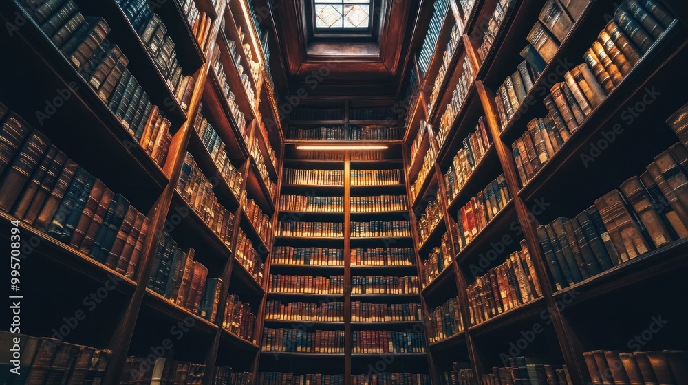 A view of rows of bookshelves filled with bound books in a library, evoking a sense of history and knowledge.