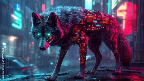 A cybernetic wolf walks through a rain-soaked cyberpunk city, its glowing eyes and advanced tech augmentations illuminated by the vibrant neon lights. photo