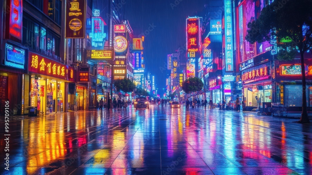 Obraz premium A captivating view of a city street at night, where neon lights illuminate the wet pavement, creating dazzling reflections.