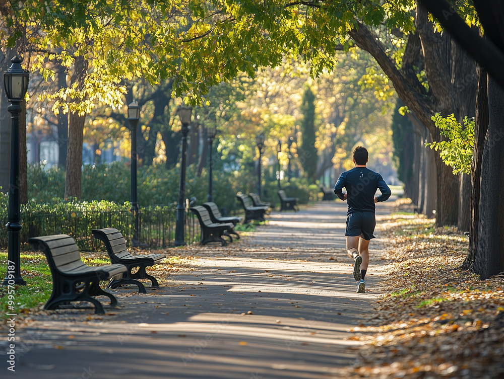 Obraz premium a man taking an early morning run through a park on a paved path