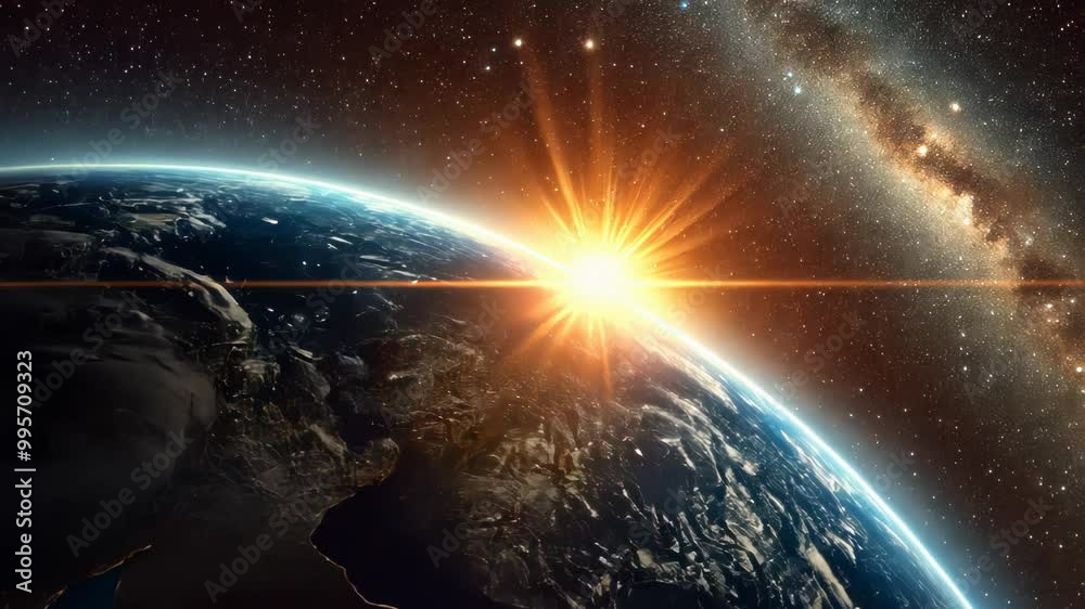 Earth from space during sunrise, with the sun's rays illuminating the planet's surface Earth from space during sunrise, with the sun's rays illuminating the planet's surface