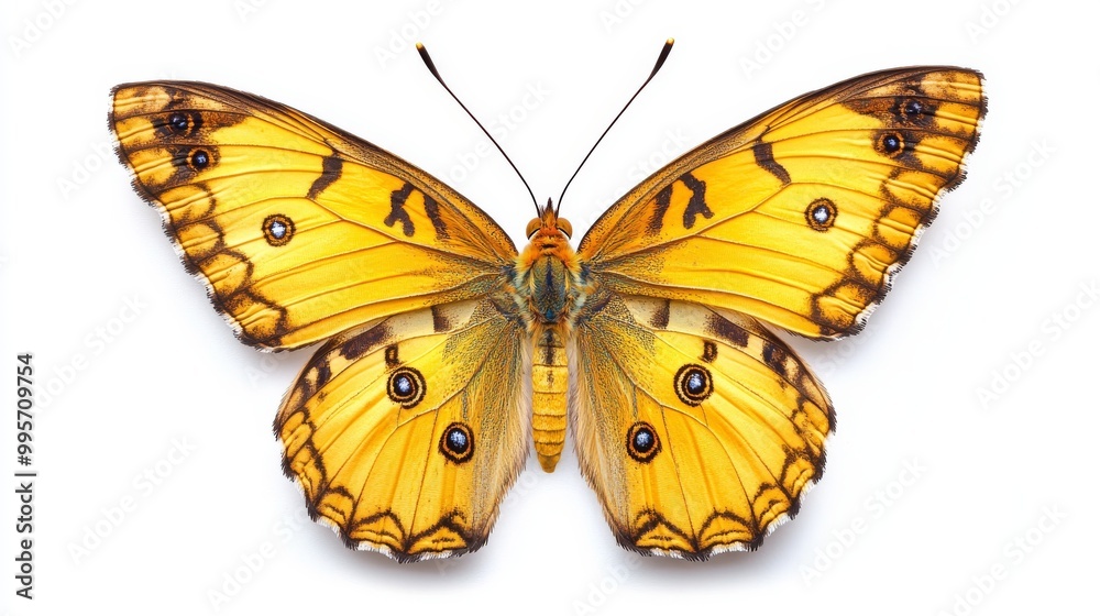 A Vibrant Yellow Butterfly Perched With Open Wings on a White Surface A Vibrant Yellow Butterfly Perched With Open Wings on a White Surface