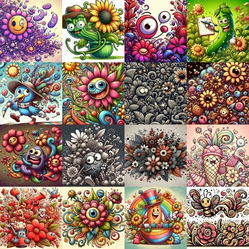 Cartoon style art flowers drawing. AI generated illustration