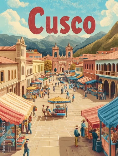 Experience the lively markets and iconic colonial buildings of Cusco, where locals engage in trade amidst breathtaking mountain views, capturing the essence of Andean culture and community. photo