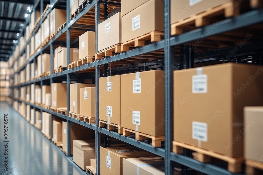Storage Facility Filled With Organized Cardboard Boxes on Pallets During the Day Storage Facility Filled With Organized Cardboard Boxes on Pallets During the Day