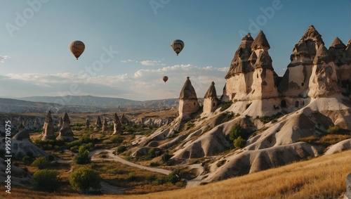 A magical sunrise in Cappadocia with balloons drifting over ancient valleys