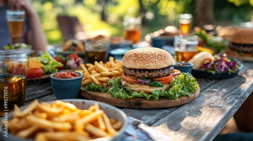A juicy burger with fries and beer, a classic summer picnic meal