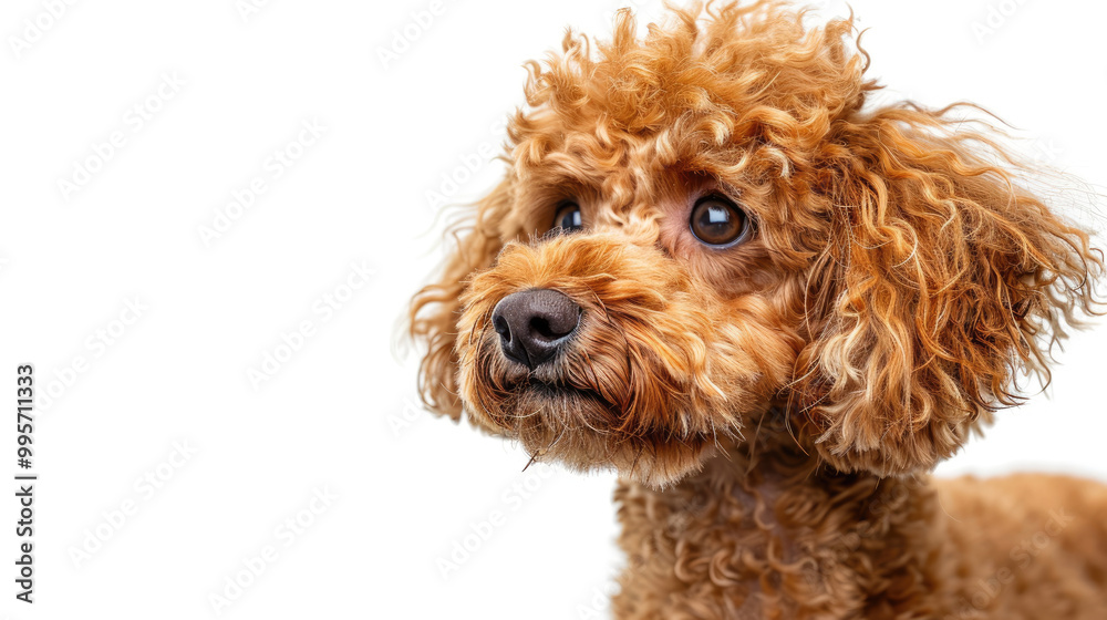 Close-up portrait view of adorable Red Toy Poodle dog head and face looking from side view isolated on white background Close-up portrait view of adorable Red Toy Poodle dog head and face looking from side view isolated on white background