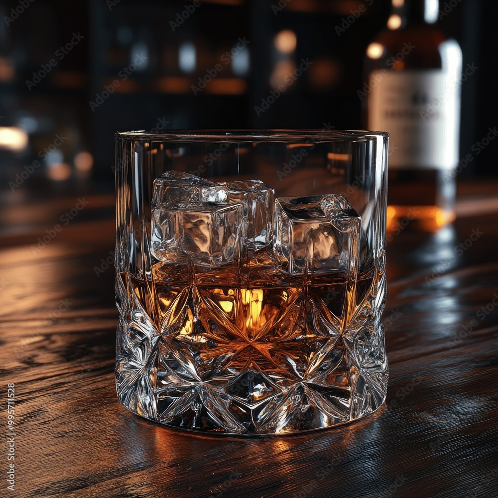 A highball glass filled with whiskey and ice cubes, placed on a dark wooden surface with a bottle of whiskey in the background A highball glass filled with whiskey and ice cubes, placed on a dark wooden surface with a bottle of whiskey in the background