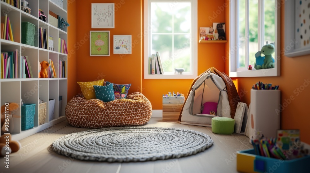custom made wallpaper toronto digitalA cozy playroom with colorful decor, featuring a large beanbag chair, a play tent, and a bookshelf filled with books. The room is brightly lit with natural sunlight.