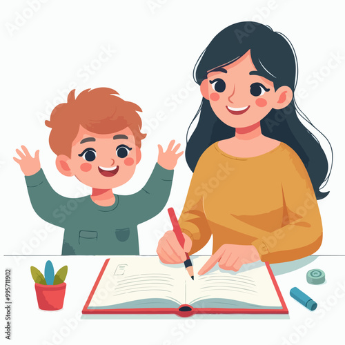 mother teaching her child to study