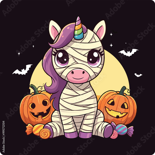 cute Halloween unicorn, Halloween unicorn, mummy unicorn, spooky unicorn, Halloween fantasy art, kawaii Halloween unicorn, trick or treat unicorn, Halloween unicorn illustration, unicorn with candy