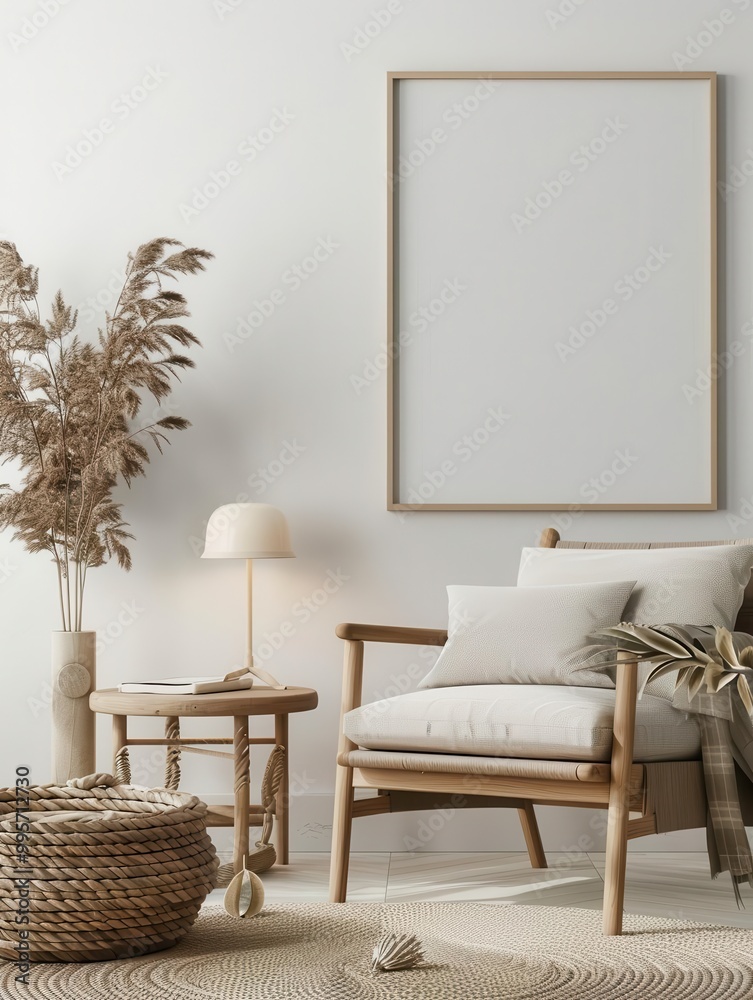 Elegant living room with blank art frame and wooden furniture, soft lighting, elegant living space, minimalist neutral tones Elegant living room with blank art frame and wooden furniture, soft lighting, elegant living space, minimalist neutral tones