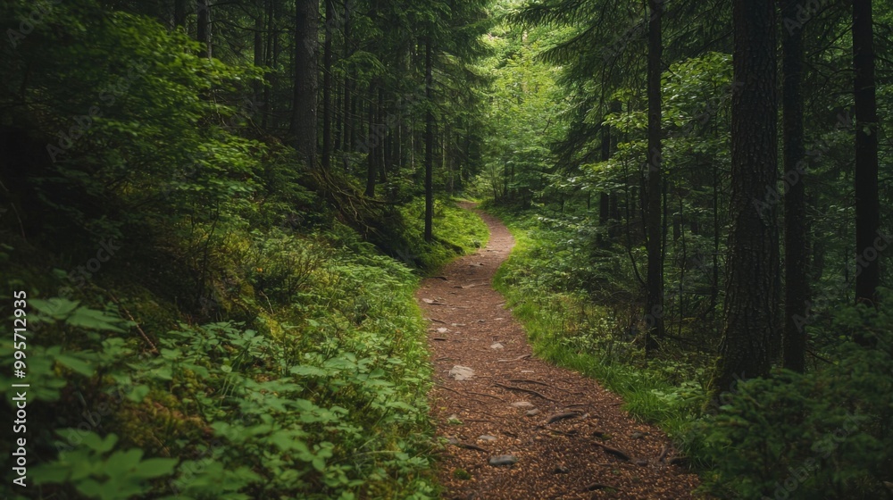 Nature trail and hiking path in forest. Forest scene with hiking path, straight trail through forest Nature trail and hiking path in forest. Forest scene with hiking path, straight trail through forest