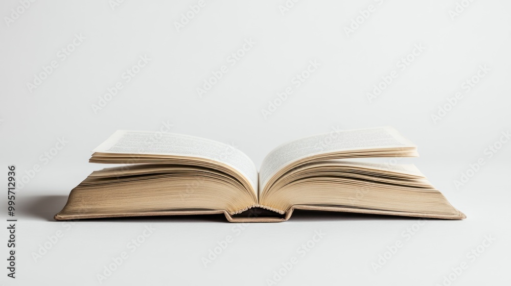 An open book with blank pages lying flat on a white background.