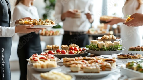Fototapeta Naklejka Na Ścianę i Meble -  A beautifully arranged buffet table filled with an assortment of appetizers, snacks, and finger foods. The table is set for a party, event, or celebration, with an abundance of choices for guests.