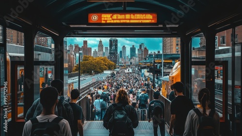 Bustling City Skyline Viewed from a Crowded Public Transportation