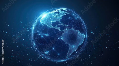 A digital representation of the earth, showcasing its interconnectedness through a network of glowing lines and nodes