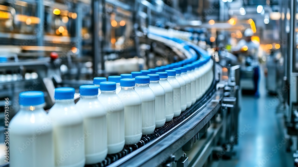 Automated machines bottling milk on a high-speed production line in a modern dairy plant, with workers overseeing the process and space at the top for text, Automated machines bottling milk on a high-speed production line in a modern dairy plant, with workers overseeing the process and space at the top for text,
