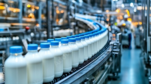 Automated machines bottling milk on a high-speed production line in a modern dairy plant, with workers overseeing the process and space at the top for text,