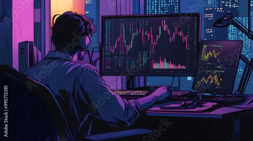 A Man Working on a Computer with Financial Charts on the Screen in a Night City