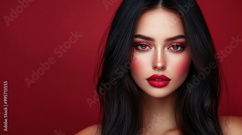 A beautiful woman with red lips and makeup posing for a portrait shot against a red background. The woman is looking directly at the camera.