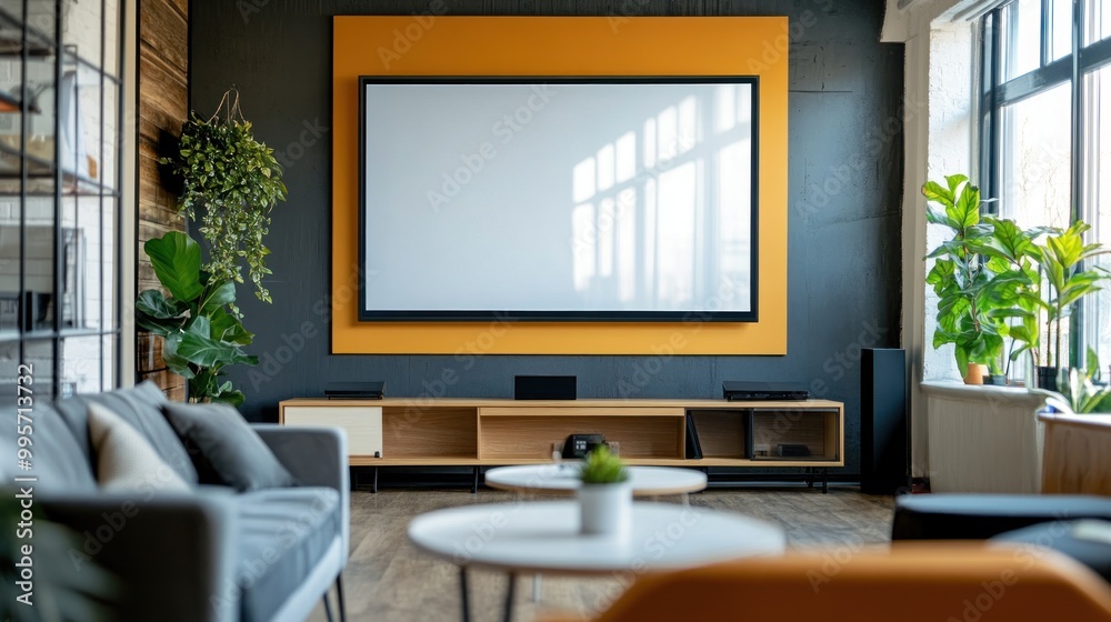 A modern home theater with a large projector screen, comfortable furniture, and stylish decor. A modern home theater with a large projector screen, comfortable furniture, and stylish decor.