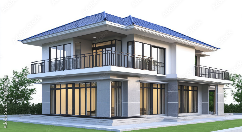 a two-story modern house with a gable roof. One floor is white, and the other is blue. The left side has large windows and a terrace on the second level a two-story modern house with a gable roof. One floor is white, and the other is blue. The left side has large windows and a terrace on the second level
