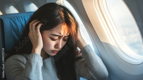 A woman experiences ear pain while flying on an airplane, sitting next to a window with a concerned look on her face.
