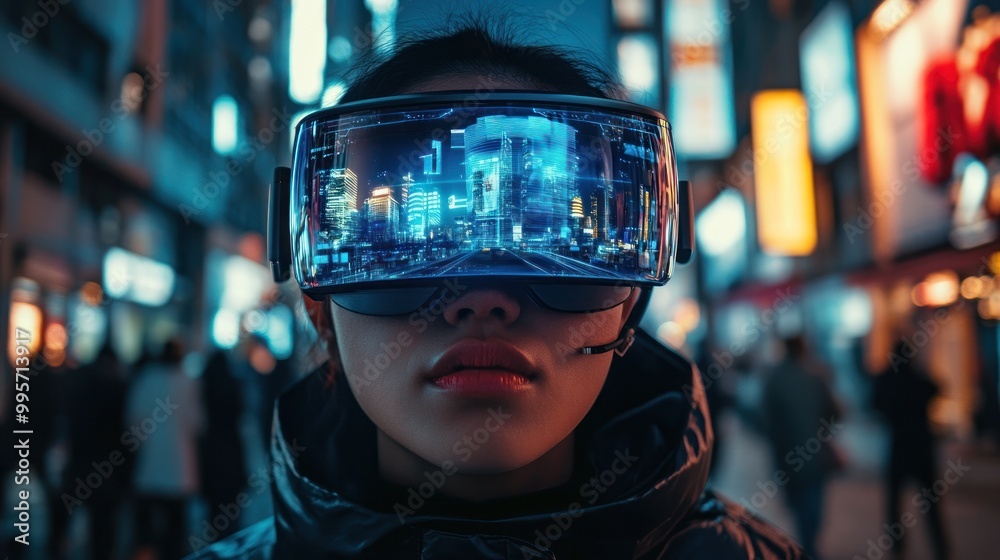 A woman wearing VR glasses standing in a city at night, with the city lights reflected in the glasses. The image depicts the futuristic possibilities of virtual reality. A woman wearing VR glasses standing in a city at night, with the city lights reflected in the glasses. The image depicts the futuristic possibilities of virtual reality.