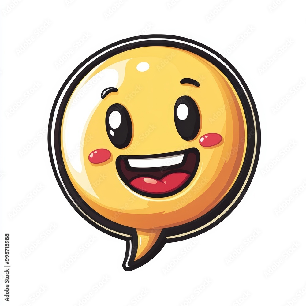 Fototapeta premium Cheerful smiley face emoji with speech bubble, white isolate background