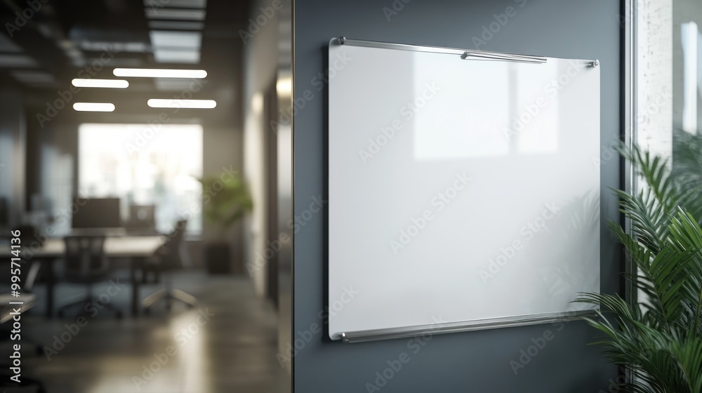 A blank whiteboard hangs on a grey wall in a modern office setting, ready to be filled with ideas. A blank whiteboard hangs on a grey wall in a modern office setting, ready to be filled with ideas.