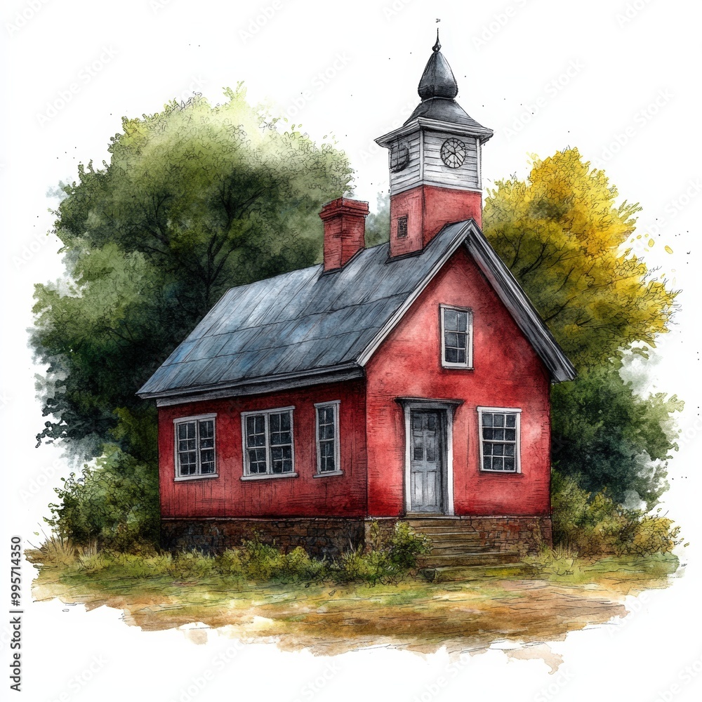 Obraz premium Charming red schoolhouse surrounded by lush trees, isolated on white background.