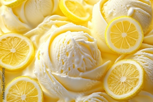 Delicious Lemon Ice Cream Topped With Fresh Lemon Slices Showcased on a Bright Background photo